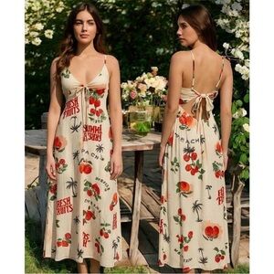 Paper Heart Women's Linen Blend Midi Dress Sz M Fruit Print Summer Boho Vacation